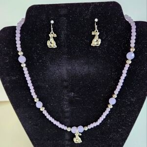 Hand Crafted Rabbit Charm Necklace Pierced Earrings Lavender Silver Easter Bunny